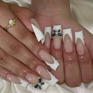 ✨ 24pcs Gold French Border Press-On Nails – Long Coffin Style with Rhinestones
