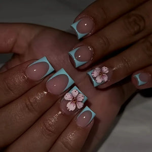 🌸 24pcs Short Square French Press-On Nails – 3D Embossed Flowers