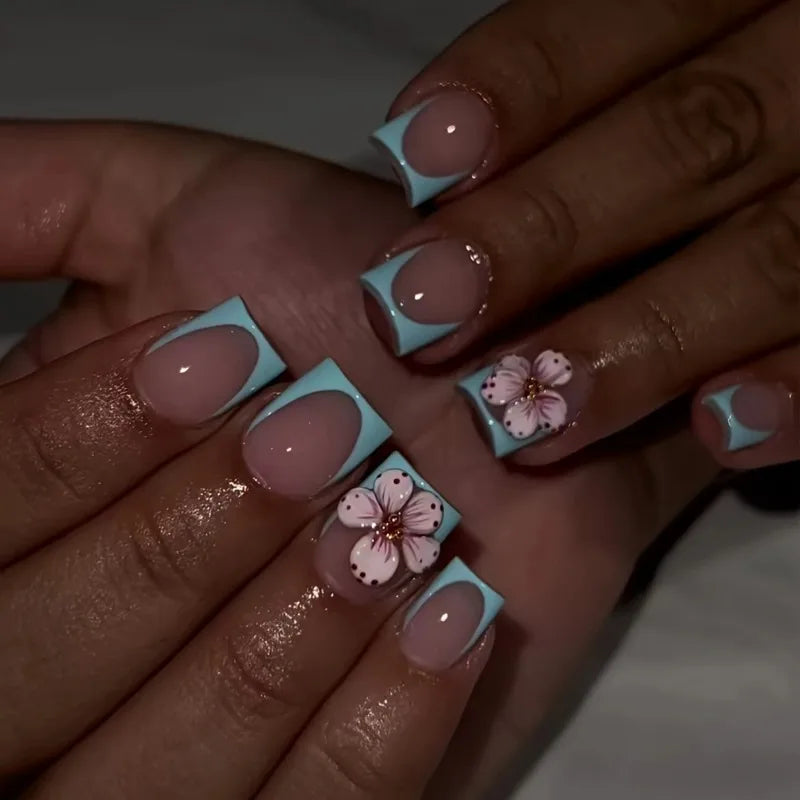 🌸 24pcs Short Square French Press-On Nails – 3D Embossed Flowers