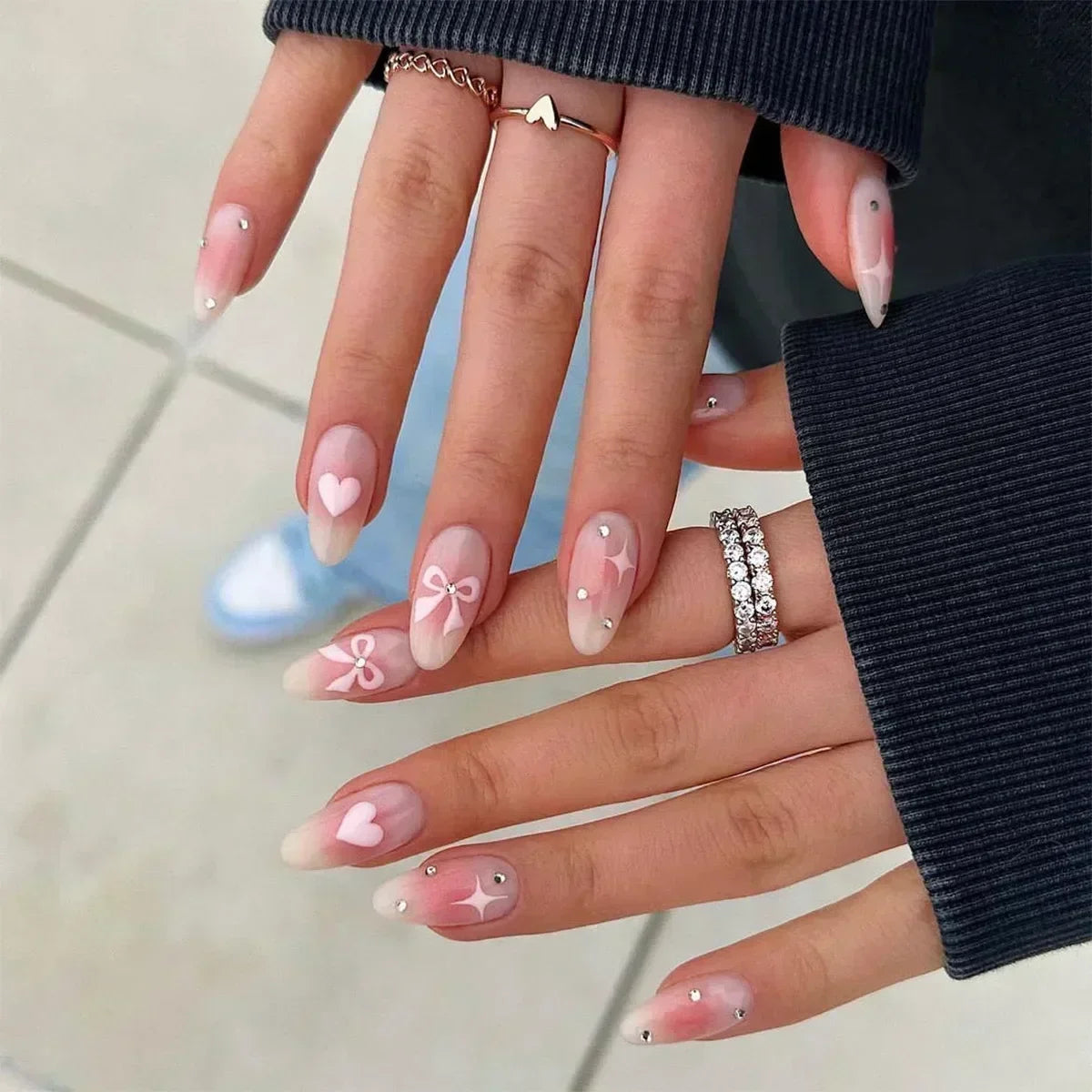 💗 24pcs French Almond Press-On Nails – White Edge with INS Pink Style