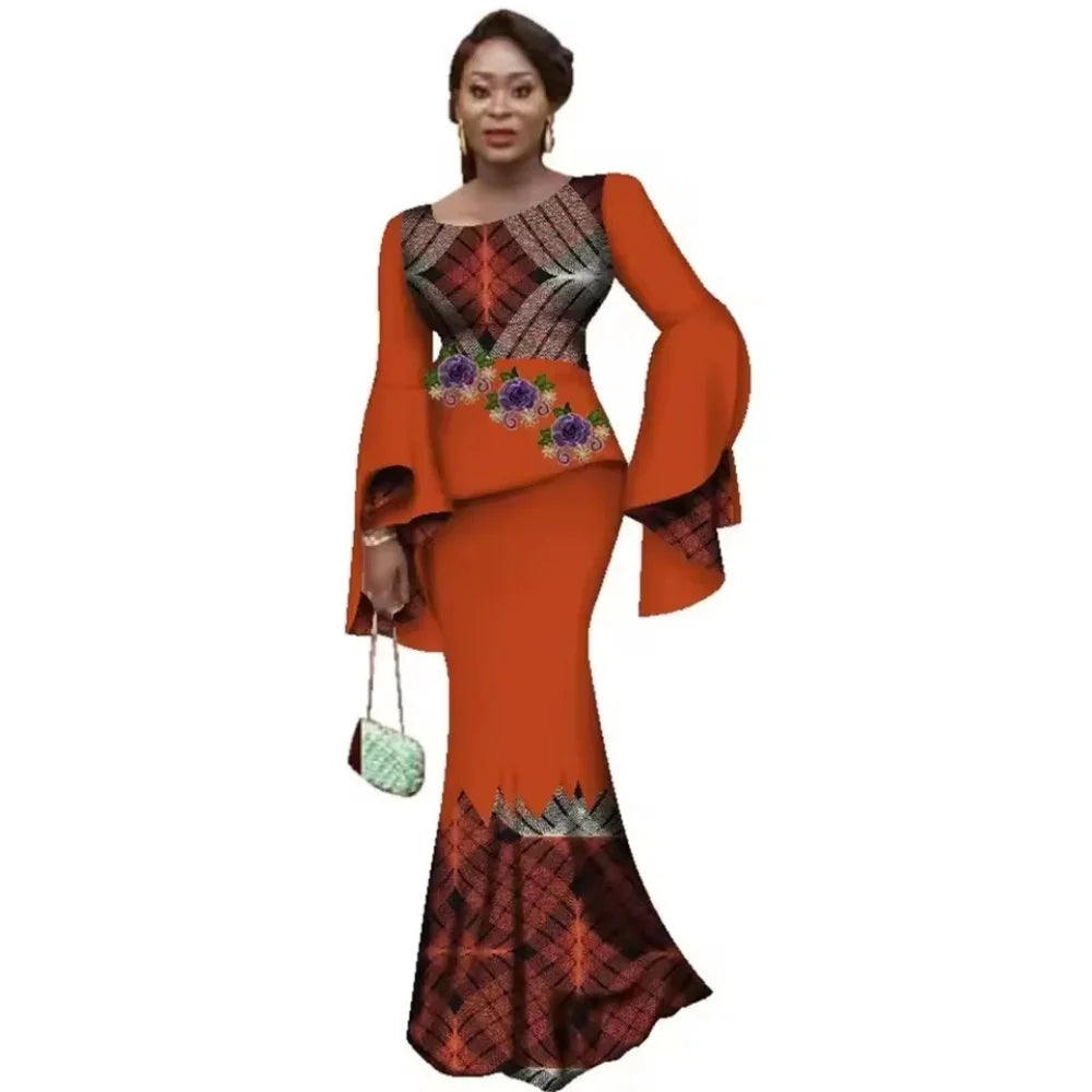 🔥 SALE! African Women Luxury Skirt Set – Flare Sleeve Top & Slim Maxi Skirt