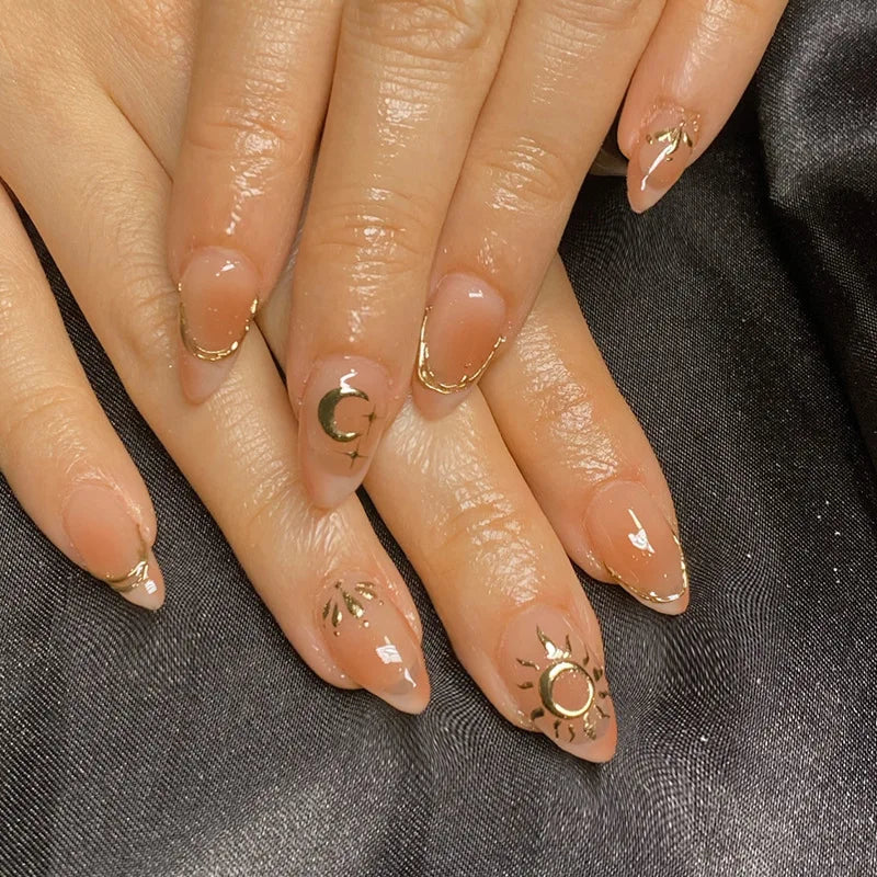 ⭐ 24pcs Simple French Almond Press-On Nails – Chic Stars & Easy Style