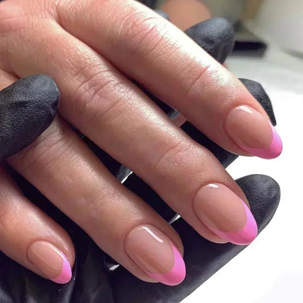 💗 24pcs French Almond Press-On Nails – White Edge with INS Pink Style