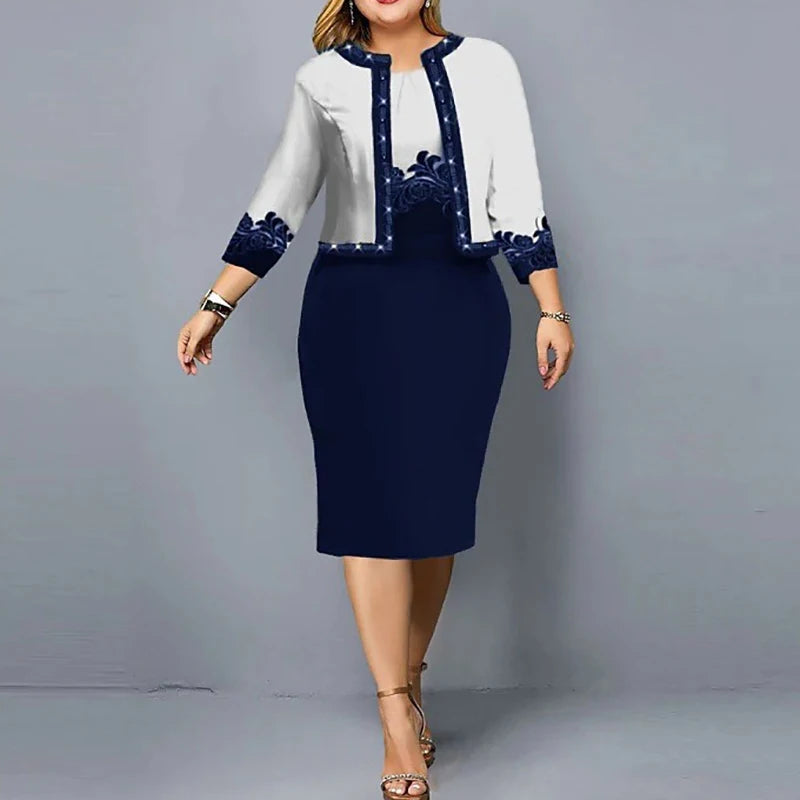 Elegant 2-Piece Dress Set for Women – 3/4 Sleeve Cardigan & Wrapped Hip Dress