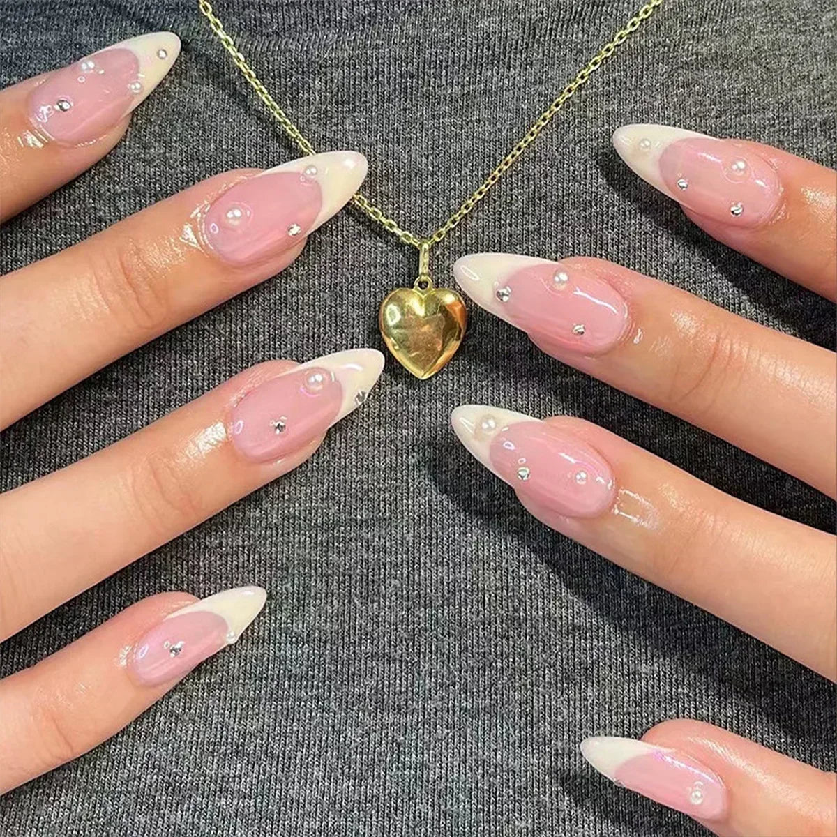 💗 24pcs French Almond Press-On Nails – White Edge with INS Pink Style