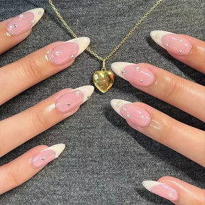 💗 24pcs French Almond Press-On Nails – White Edge with INS Pink Style