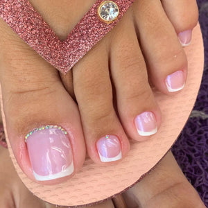 🦋 24pcs Butterfly Design Press-On Toe Nails – Short French Style with Rhinestones