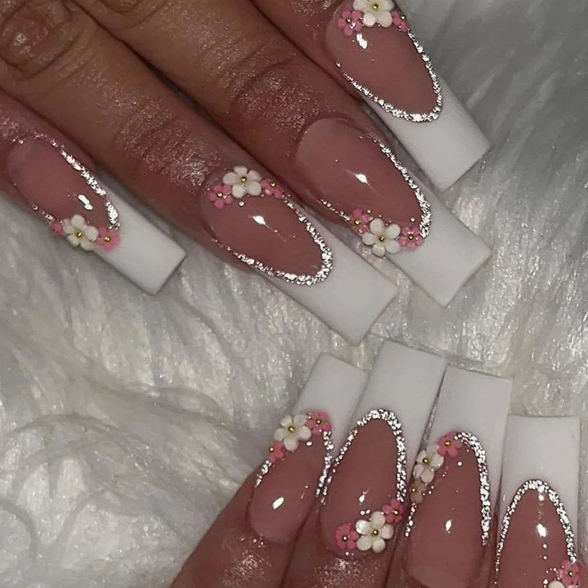 🐻 24pcs Extra Long Square Press-On Nails – 3D Bear & Bow with White French Tips