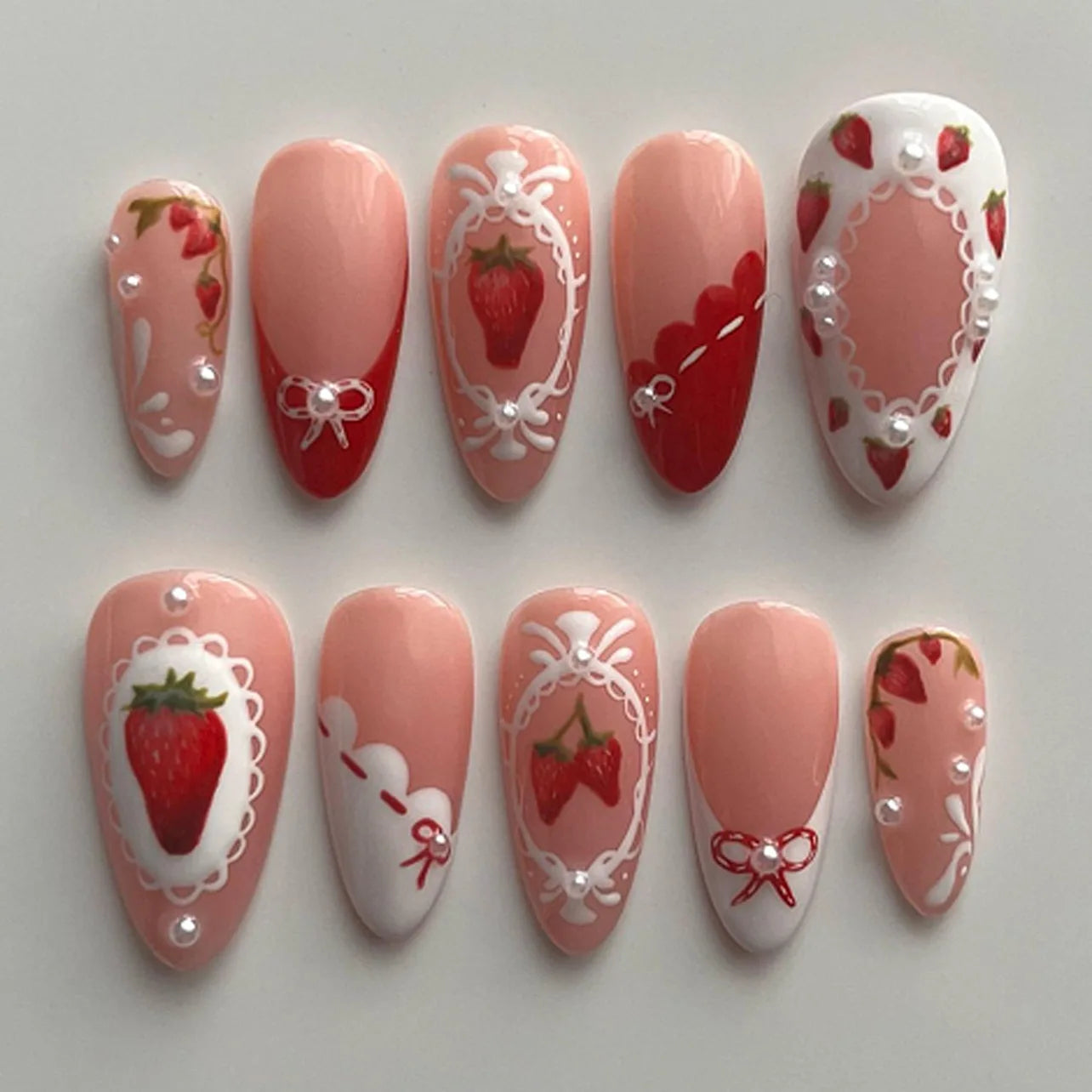 🌸 24pcs Pink Almond Press-On Nails – Sweet Summer Floral with Pearls