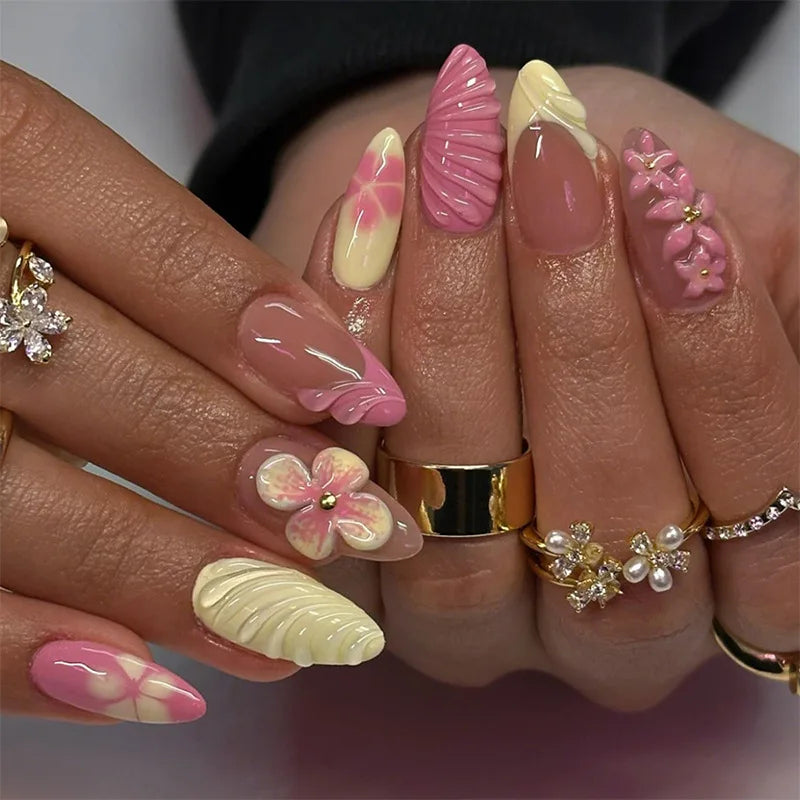 🌊 24pcs Cute Ocean Creature Press-On Nails – Yellow French Tip with Floral Fun