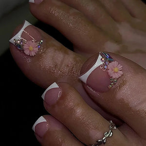 🦋 24pcs Butterfly Design Press-On Toe Nails – Short French Style with Rhinestones
