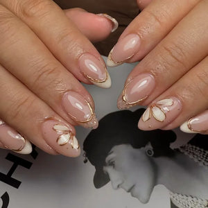 🌺 24pcs Red Almond Press-On Nails – Elegant Floral Design