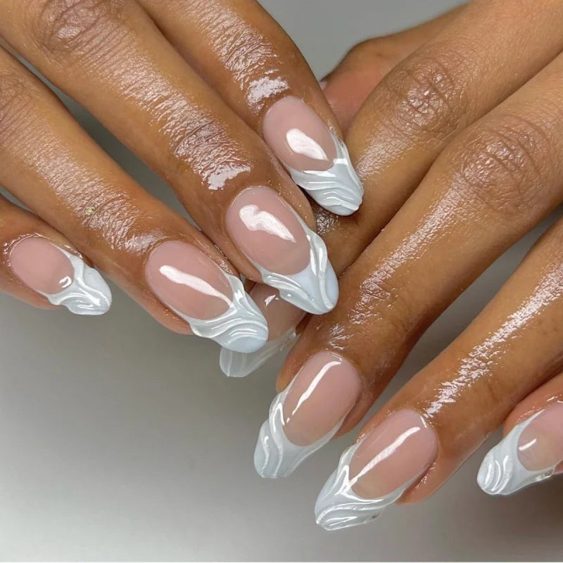 🎀 24pcs French Almond Press-On Nails – Elegant Golden Bow Design