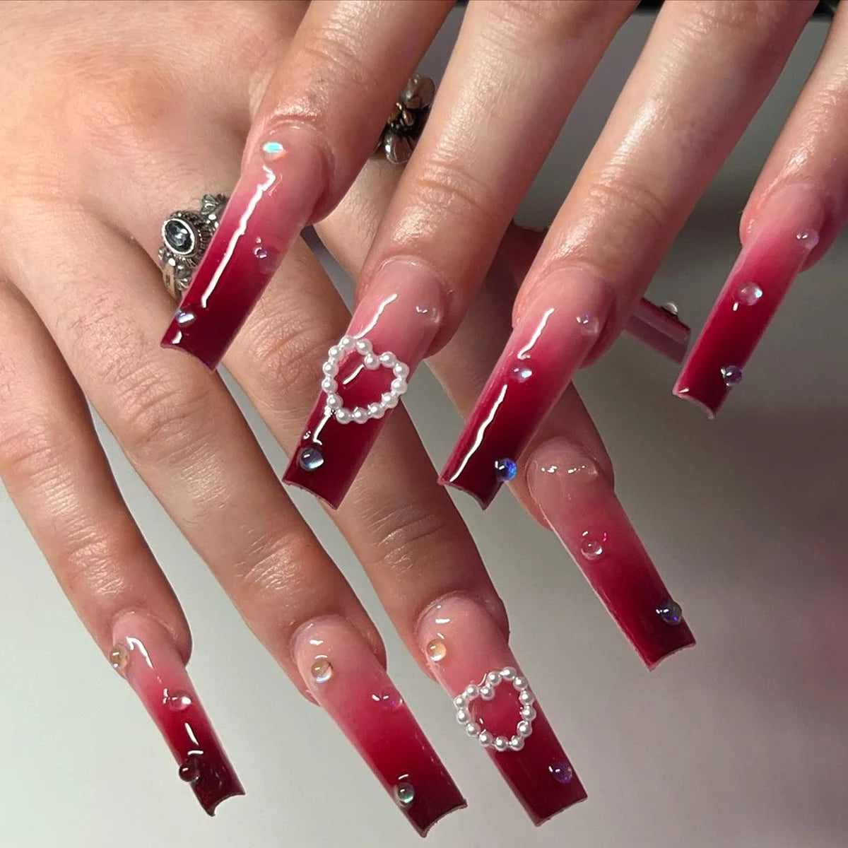 🐻 24pcs Extra Long Square Press-On Nails – 3D Bear & Bow with White French Tips