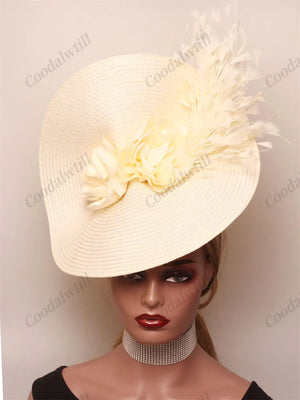 🎩 Big Derby Race Fascinator Hat – Elegant Pillbox with Flowers & Feathers