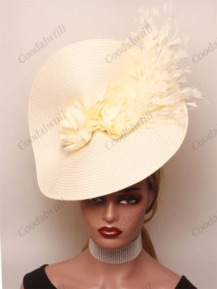 🎩 Big Derby Race Fascinator Hat – Elegant Pillbox with Flowers & Feathers