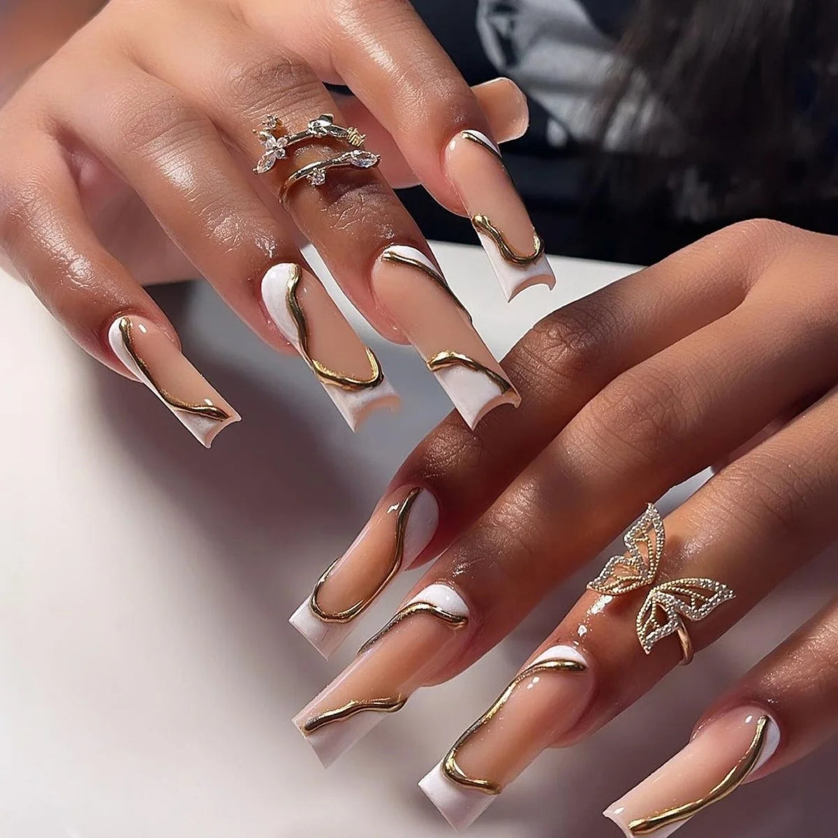 🐻 24pcs Extra Long Square Press-On Nails – 3D Bear & Bow with White French Tips