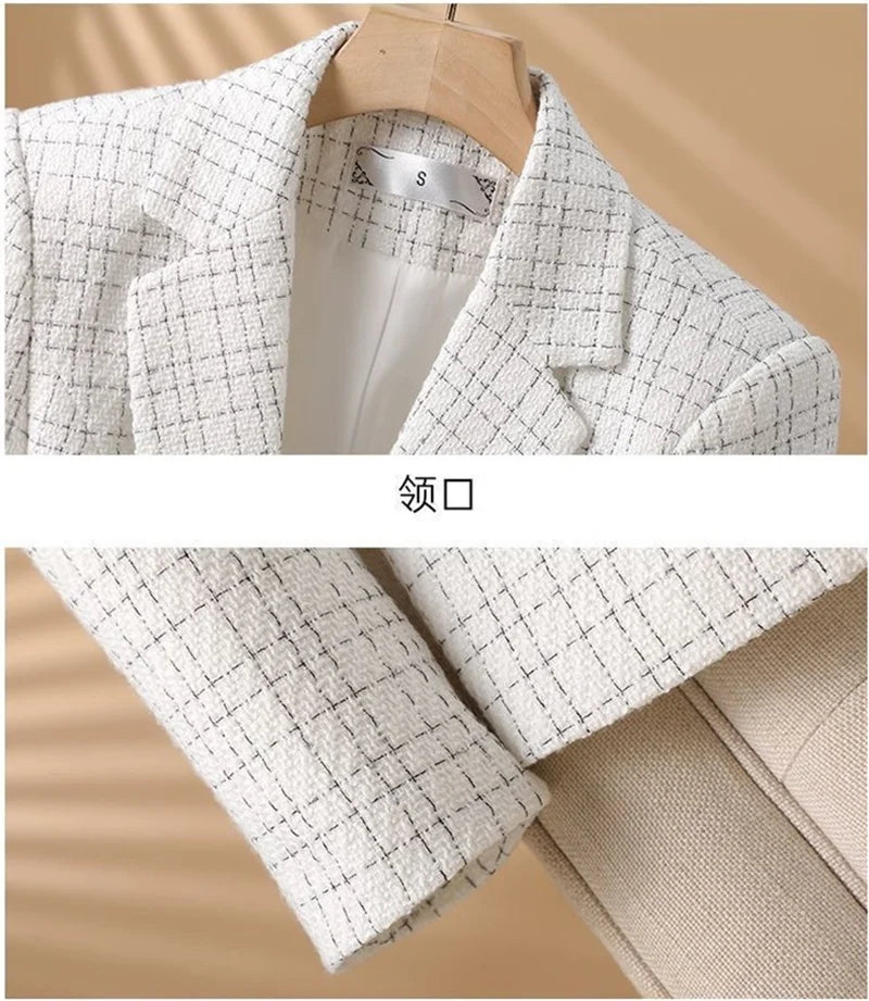 🌸 2024 New Spring & Autumn Women’s Blazer – Elegant White Grid Suit Jacket