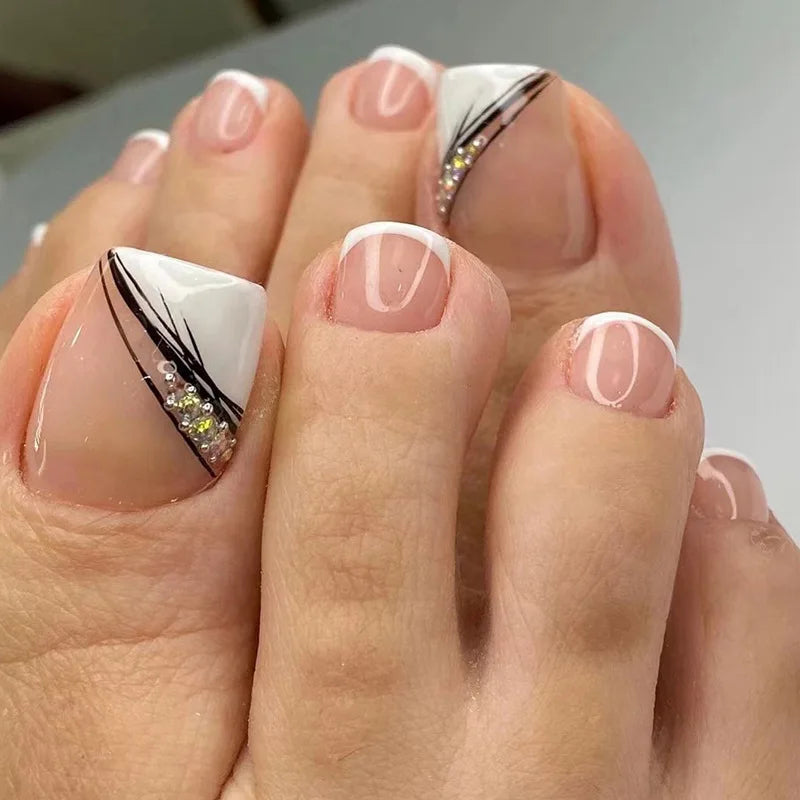 🦋 24pcs Butterfly Design Press-On Toe Nails – Short French Style with Rhinestones