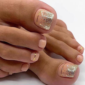 🦋 24pcs Butterfly Design Press-On Toe Nails – Short French Style with Rhinestones