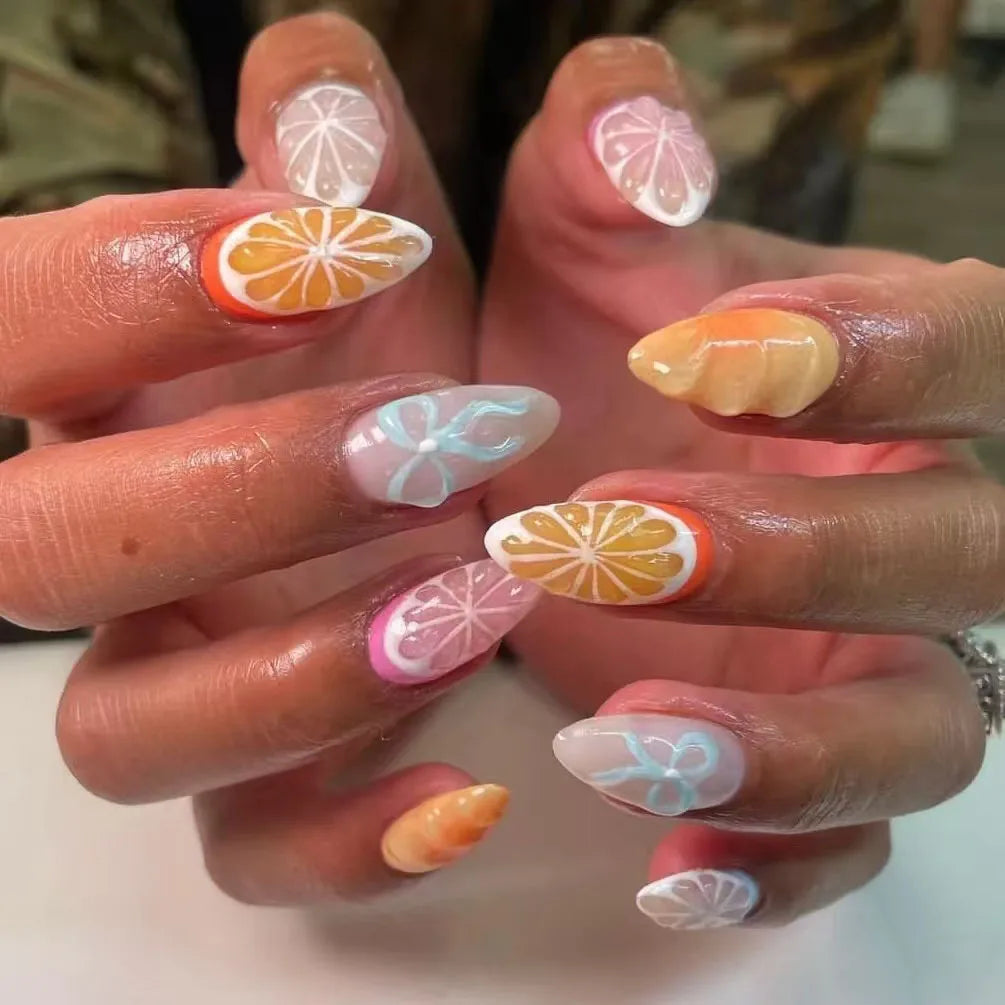 🌸 24pcs Pink Almond Press-On Nails – Sweet Summer Floral with Pearls