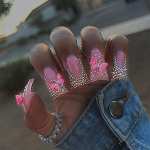 💎 24pcs Duckbill French Press-On Nails – Glitter, Rhinestones & Floral Charm