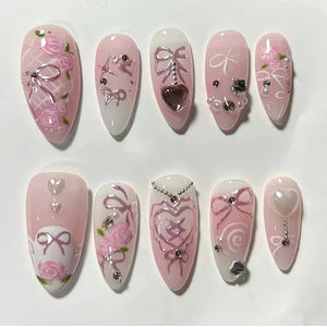 🌸 24pcs Pink Almond Press-On Nails – Sweet Summer Floral with Pearls