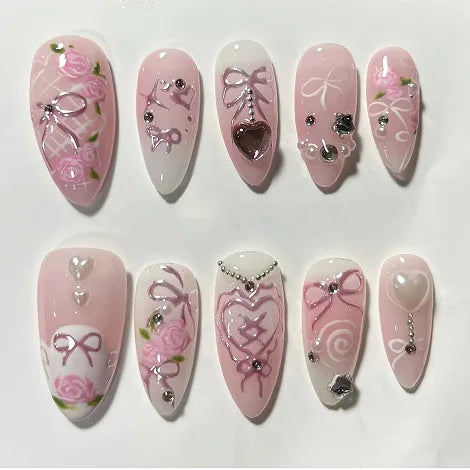 🌸 24pcs Pink Almond Press-On Nails – Sweet Summer Floral with Pearls