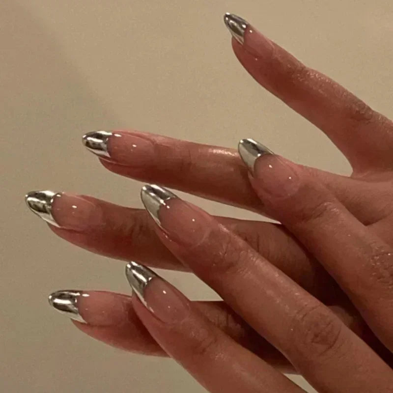 💗 24pcs French Almond Press-On Nails – White Edge with INS Pink Style