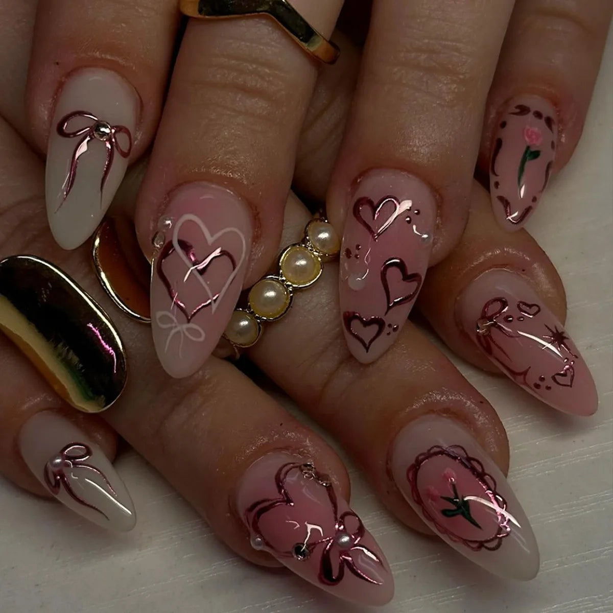 💗 24pcs French Almond Press-On Nails – White Edge with INS Pink Style