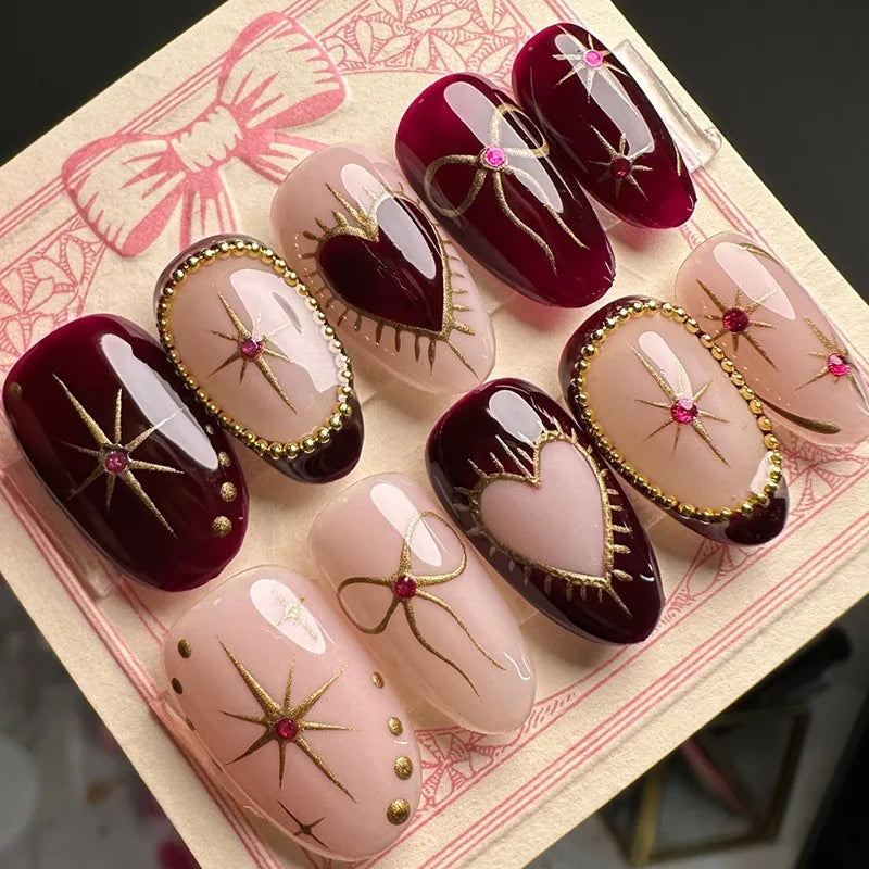 🍃 24pcs 3D Green Ripple Cat’s Eye Press-On Nails – French Almond Style with Leaf Design
