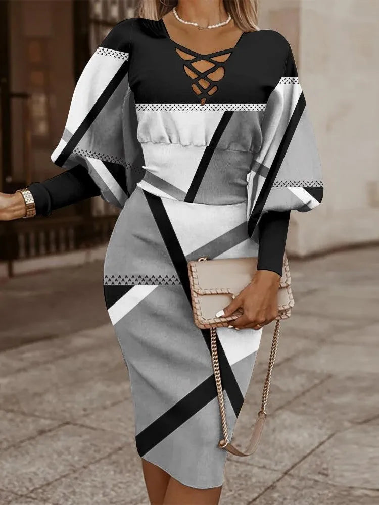 Elegant Long-Sleeved V-Neck Waist Dress for Women