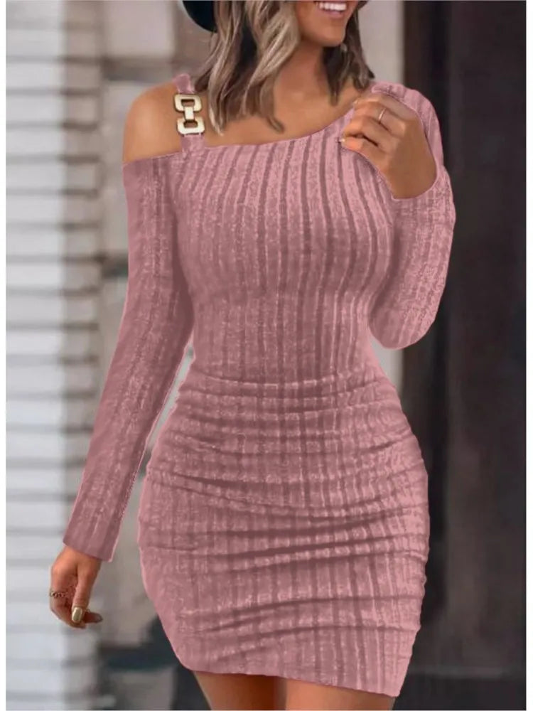Sexy Chain Off-Shoulder Mini Dress – Autumn & Winter Chic