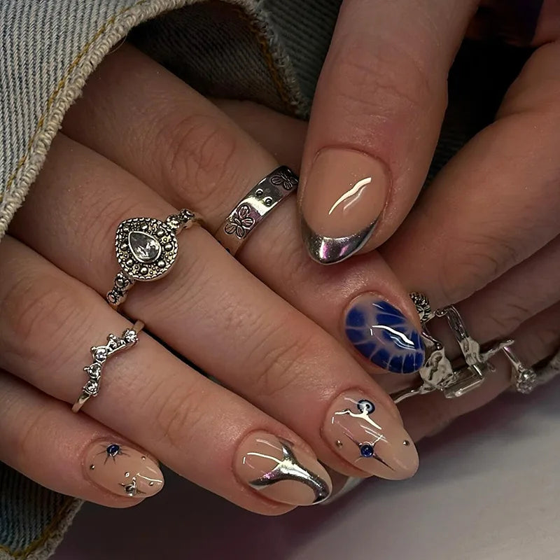 💅 24pcs Blue French Press-On Nails – Short Almond Style with Golden Stars & Wave Lines