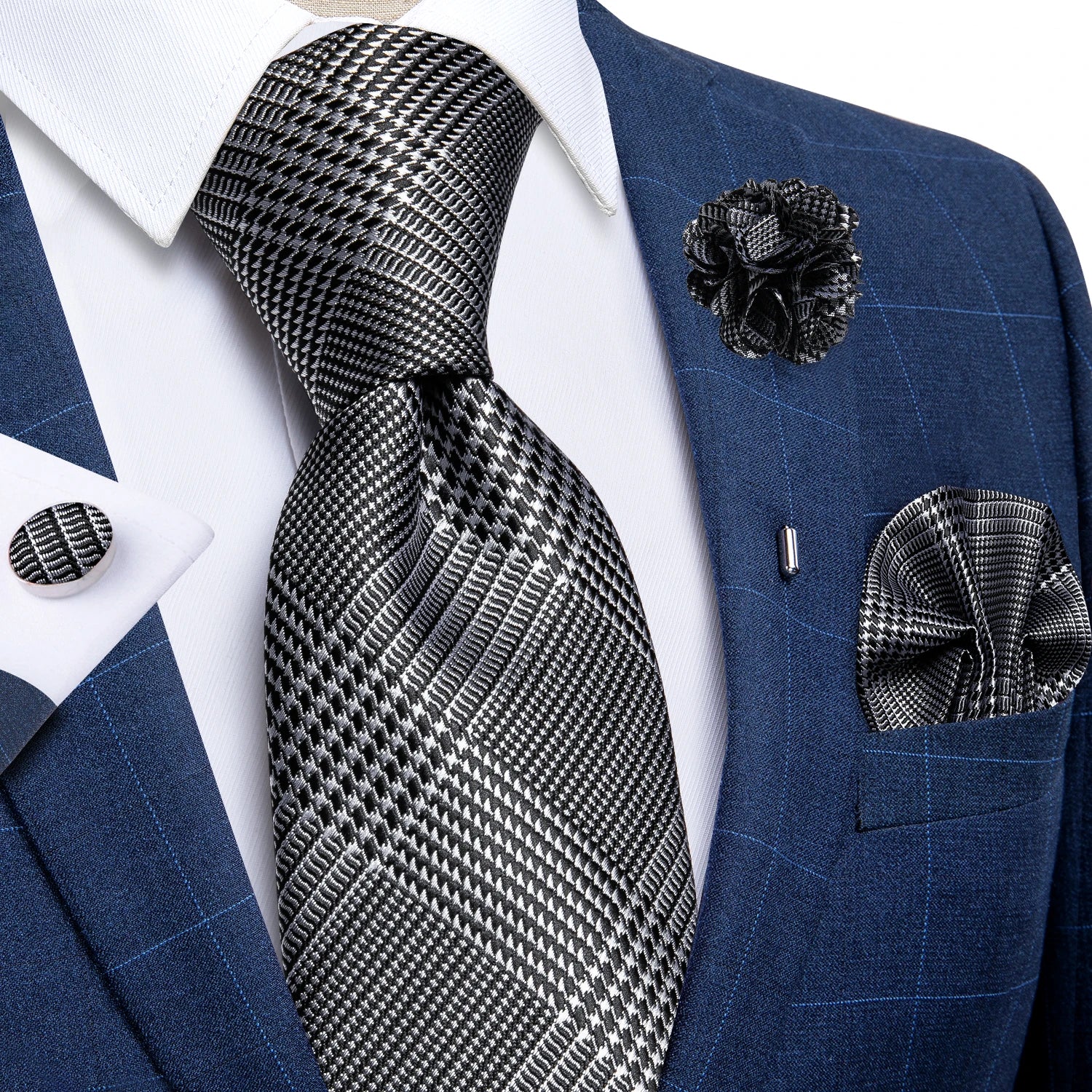 Blue Silver Paisley Neck Tie Set for Men