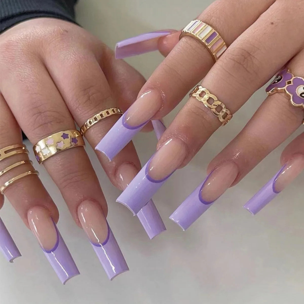 🐻 24pcs Extra Long Square Press-On Nails – 3D Bear & Bow with White French Tips