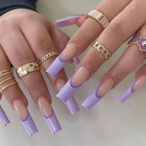 🐻 24pcs Extra Long Square Press-On Nails – 3D Bear & Bow with White French Tips