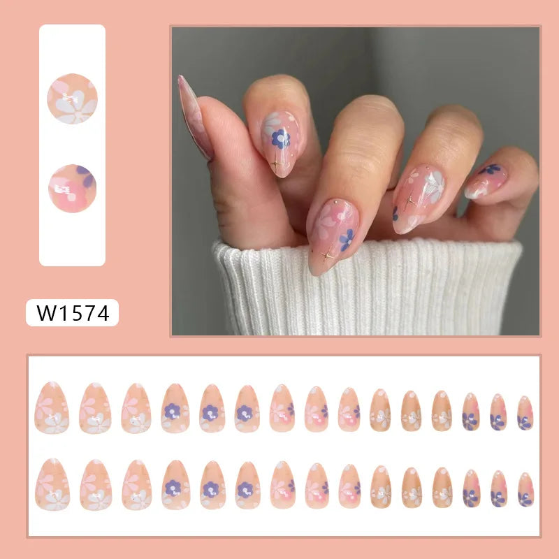 🌼 24pcs White Flower Press-On Nails – INS Yellow & Pink Blush Tones