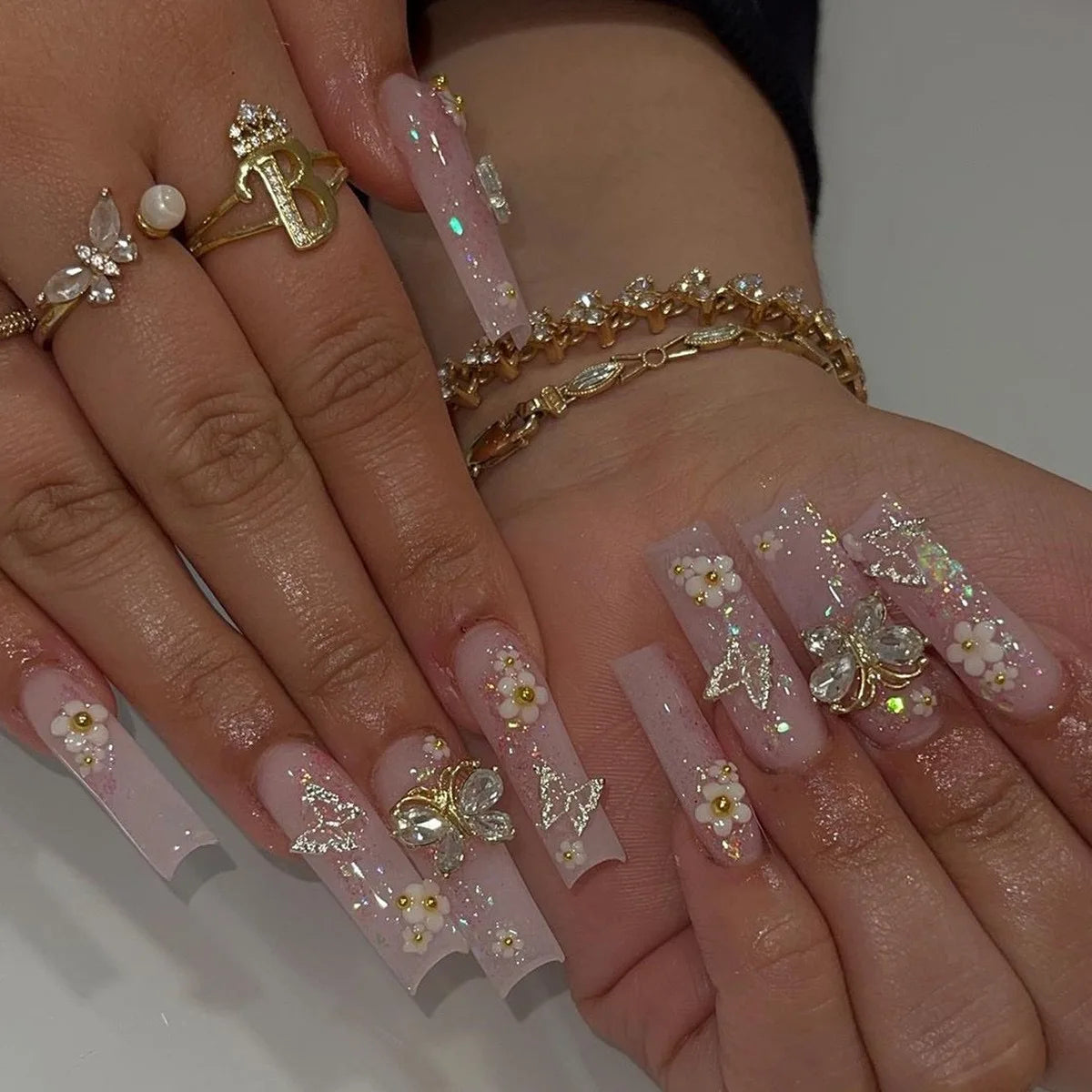 ✨ 24pcs Gold French Border Press-On Nails – Long Coffin Style with Rhinestones