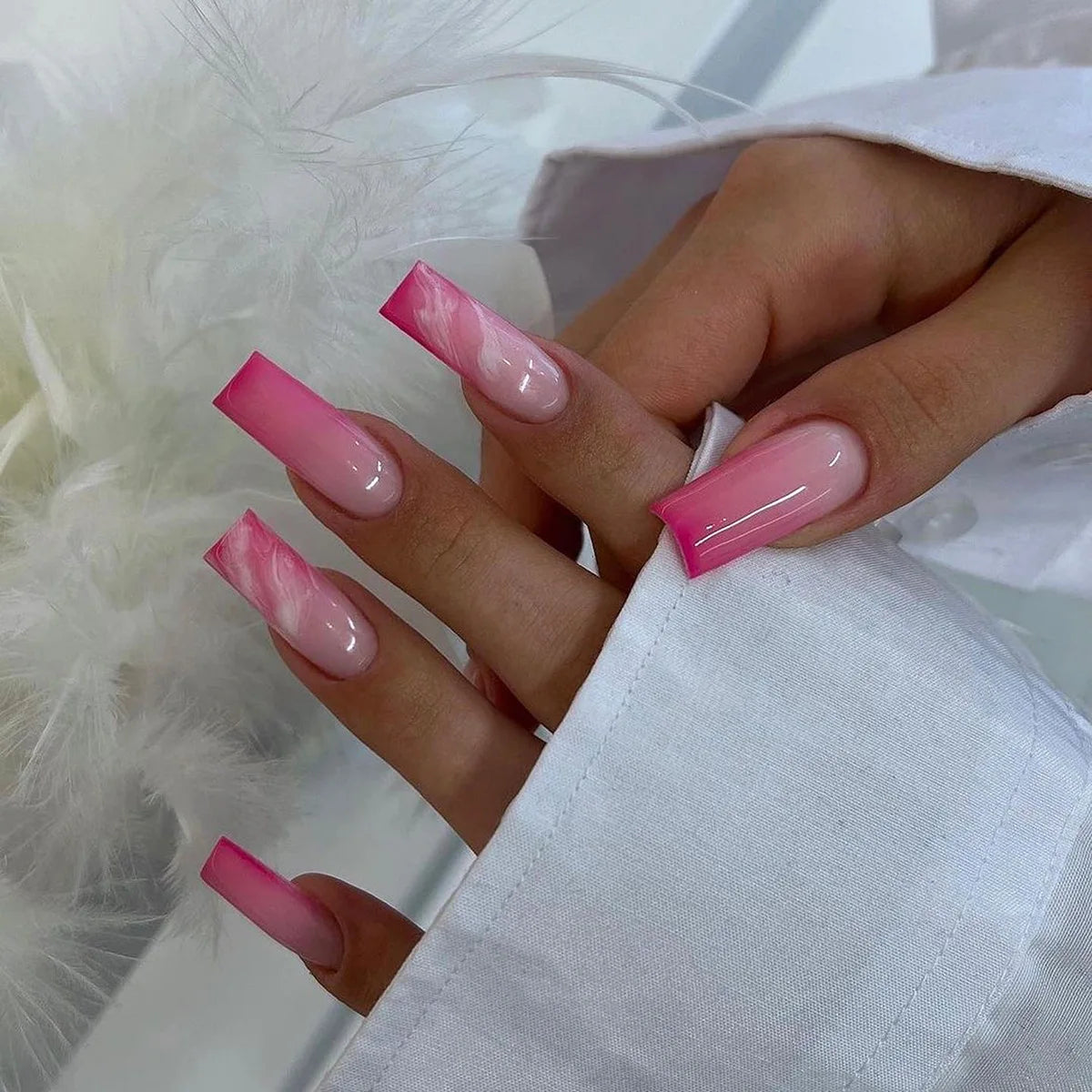 🐻 24pcs Extra Long Square Press-On Nails – 3D Bear & Bow with White French Tips