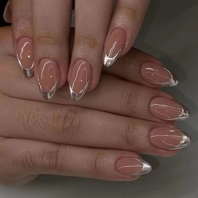 🎀 24pcs French Almond Press-On Nails – Elegant Golden Bow Design