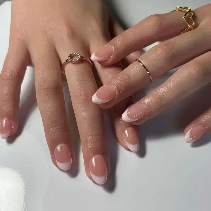 💗 24pcs French Almond Press-On Nails – White Edge with INS Pink Style