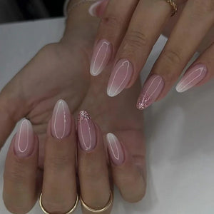 🎀 24pcs French Almond Press-On Nails – Elegant Golden Bow Design
