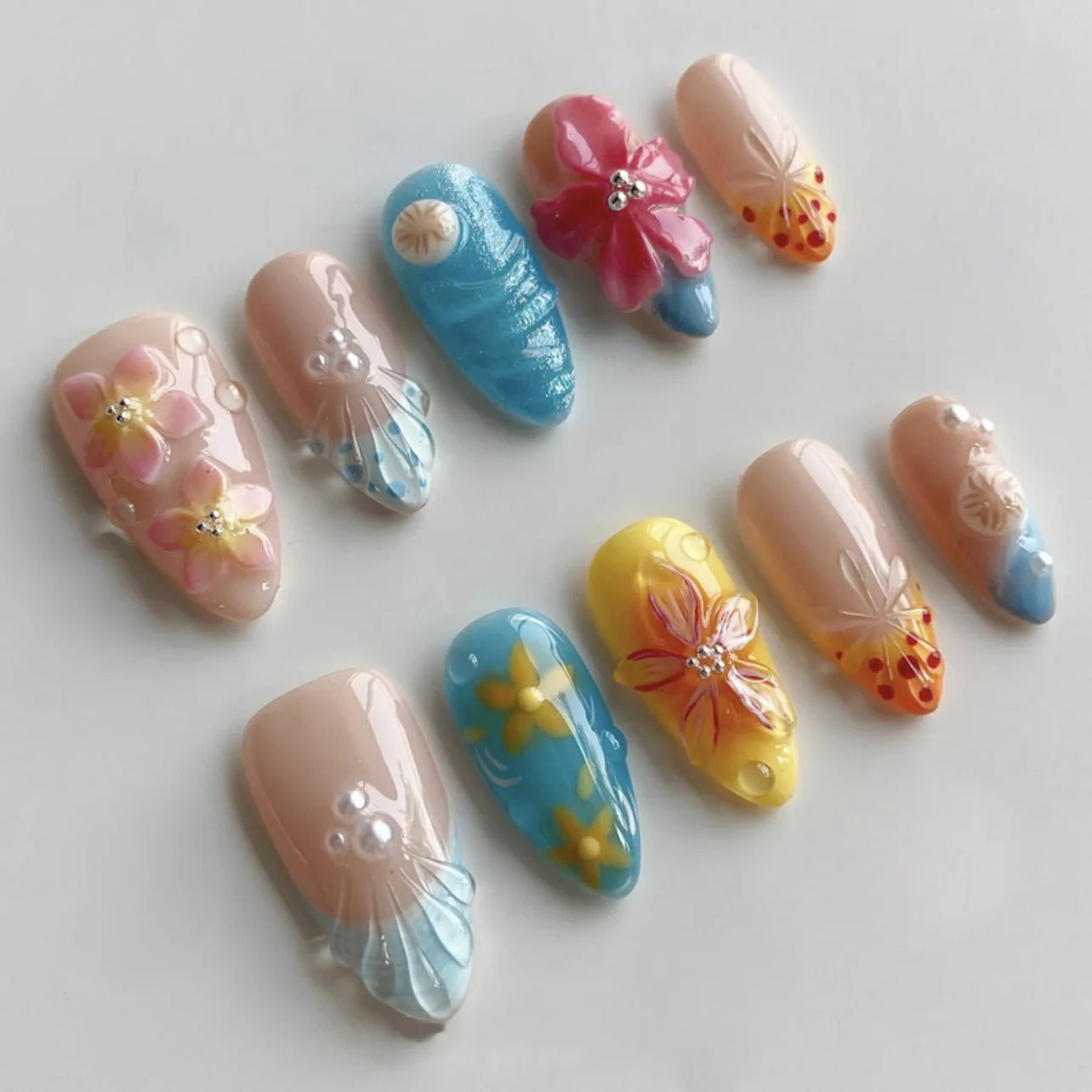 🌞 24PCS Summer Colorful Press-On Nails – Almond Shape with 3D Flowers & Beach Art