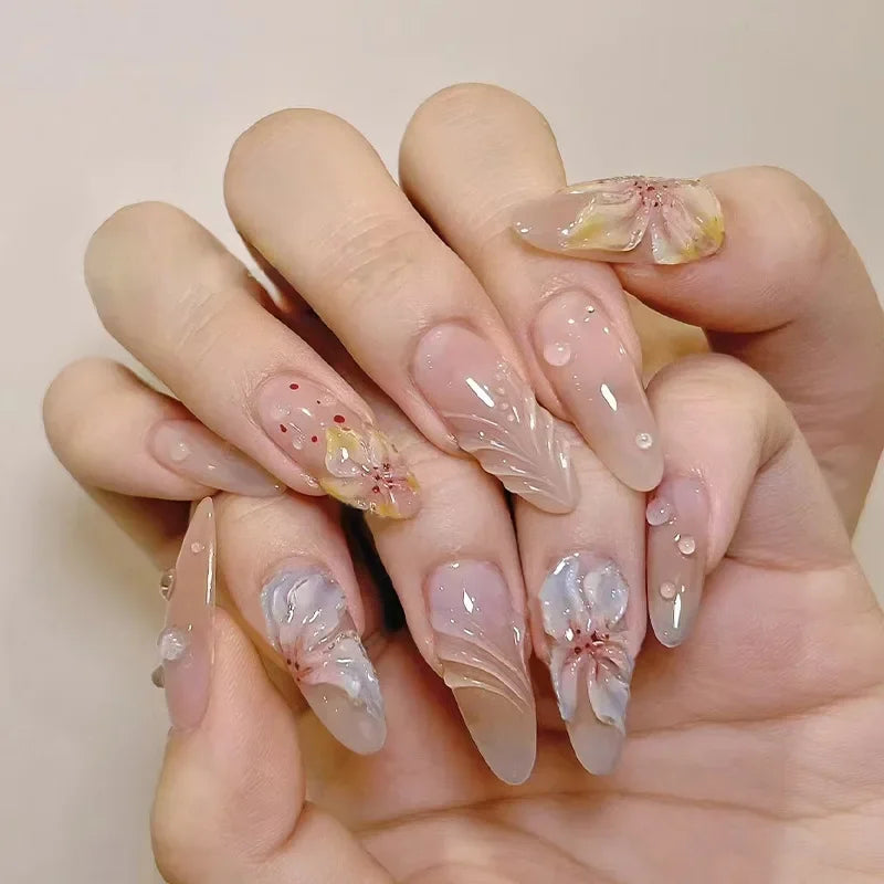 🌿 24pcs Flora Almond Press-On Nails – Mori Girl Ballet-Inspired Beauty