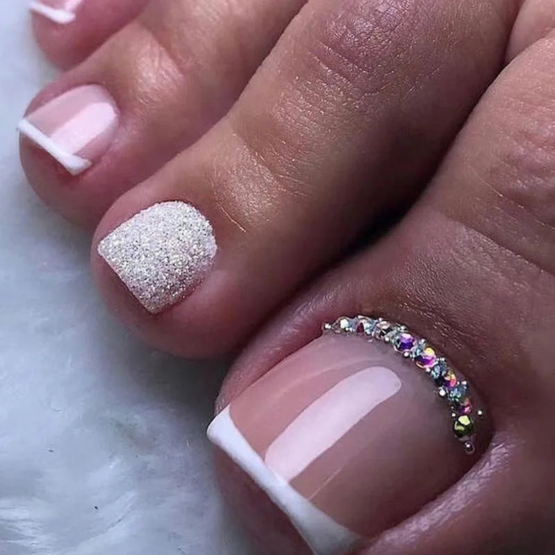 🦋 24pcs Butterfly Design Press-On Toe Nails – Short French Style with Rhinestones