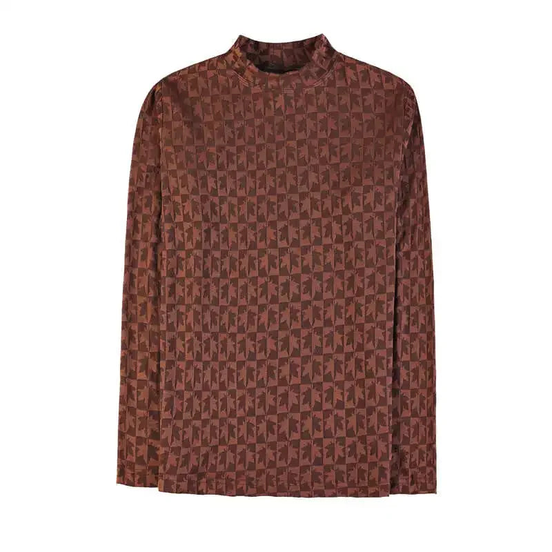 Printed Semi Turtleneck Elastic T-shirt – Men’s Autumn Long-Sleeve Slim Fit Tee