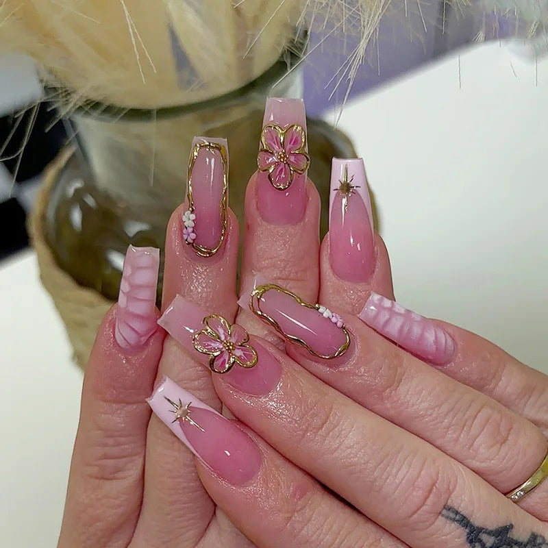 ✨ 24pcs Gold French Border Press-On Nails – Long Coffin Style with Rhinestones