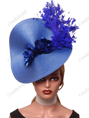🎩 Big Derby Race Fascinator Hat – Elegant Pillbox with Flowers & Feathers