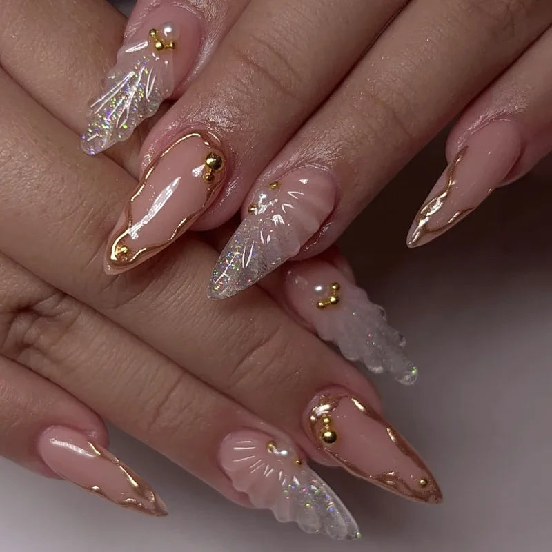 🌼 24pcs White Flower Press-On Nails – INS Yellow & Pink Blush Tones